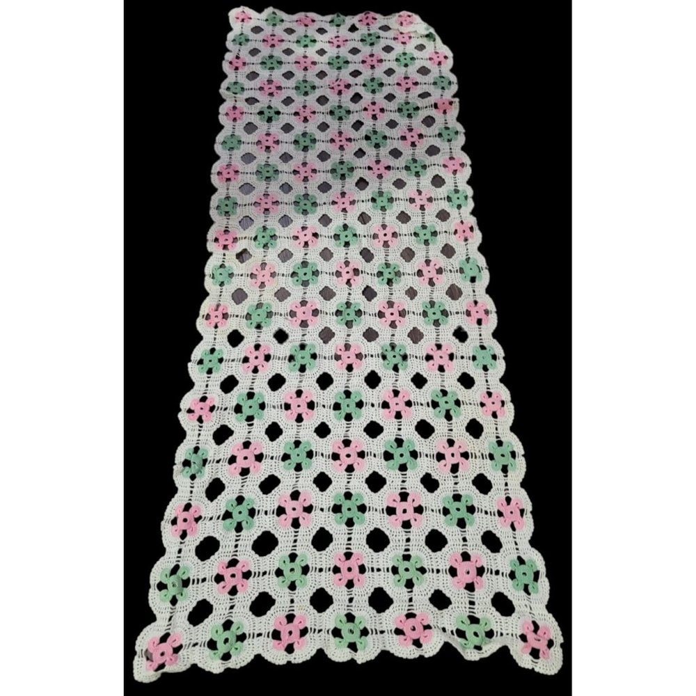 Filet Crochet Cotton  Table Runner Dresser Scarf Pink Green White 17x48in Vtg